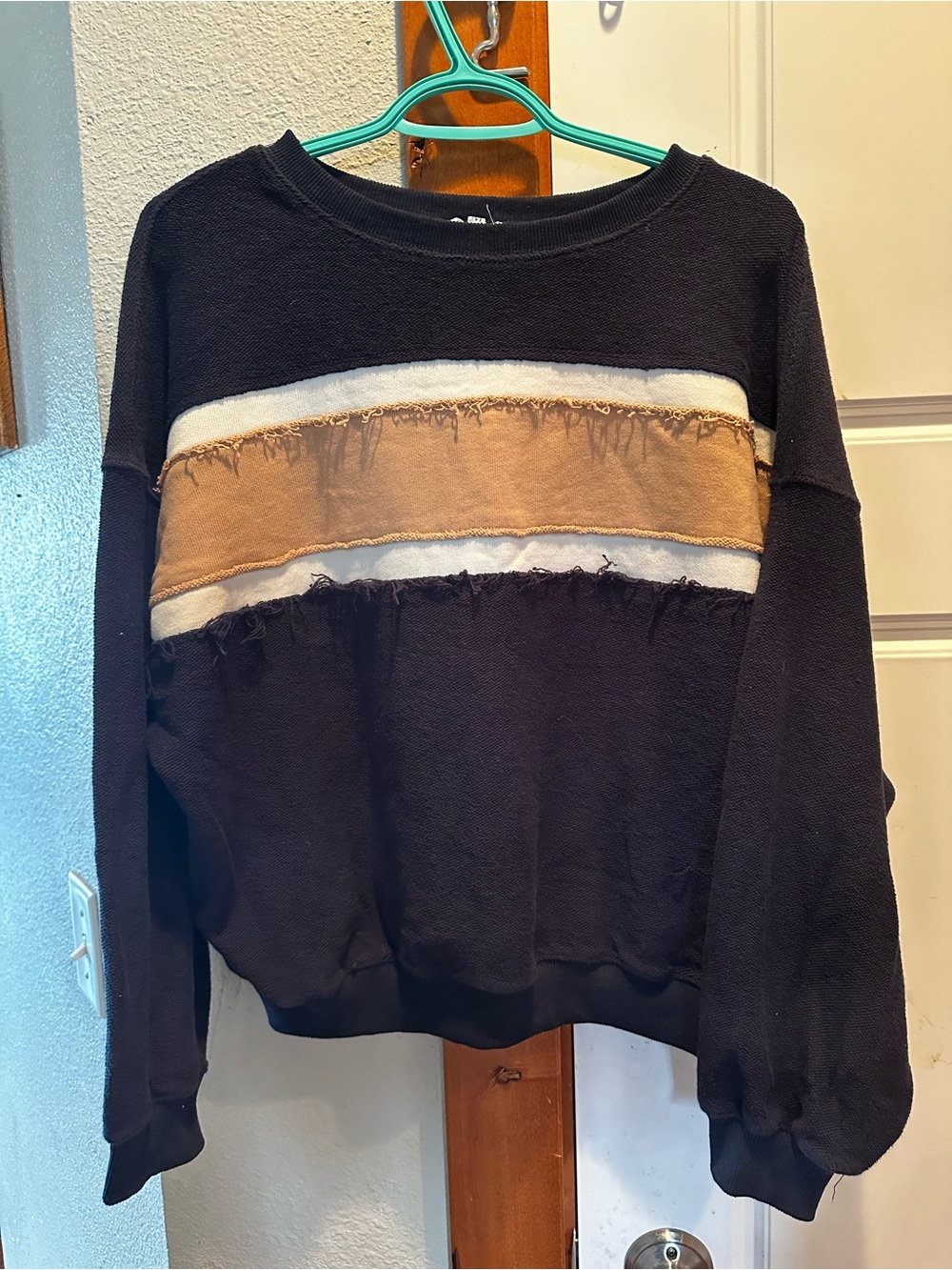 Relaxed Navy Crewneck Sweatshirt with Cream and Tan Stripes